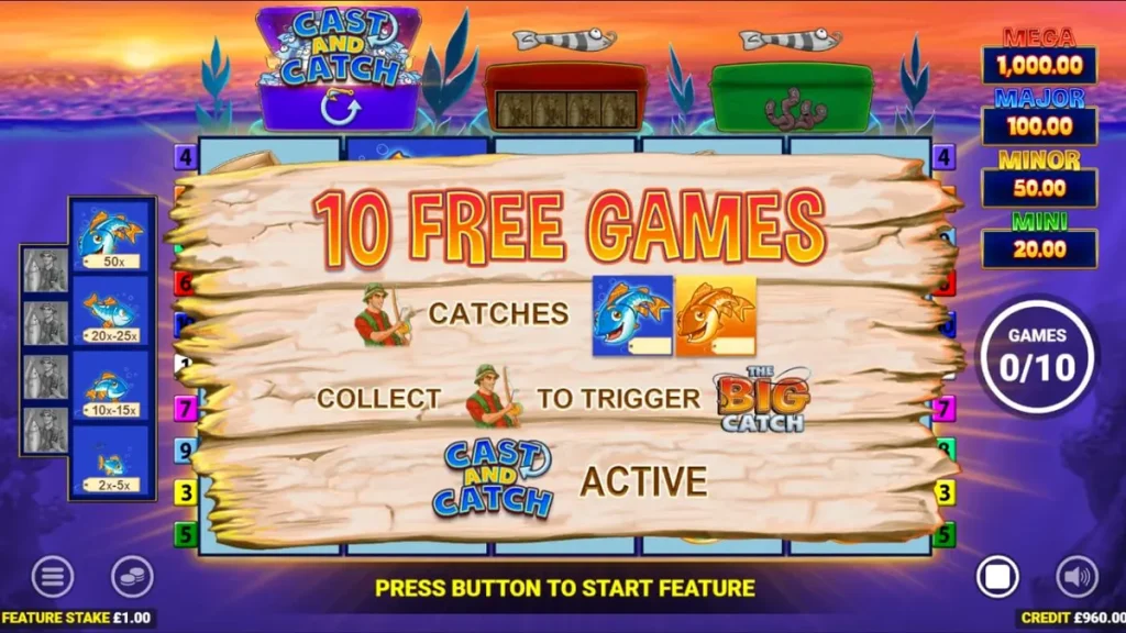 Tampilan visual slot Fishin Frenzy Lure Em In dengan latar danau dan ikon nelayan
