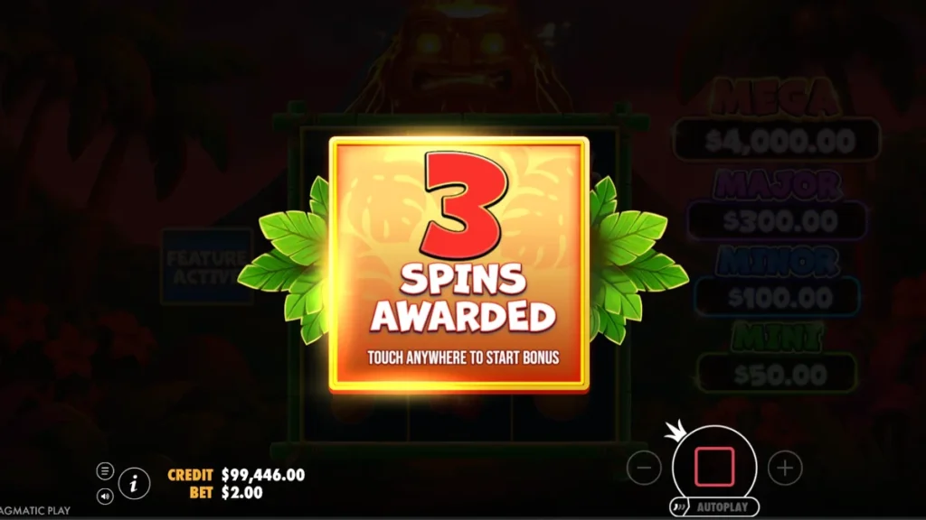 Tampilan visual slot Super Tiki Strike dengan latar belakang gunung berapi dan elemen tropis.