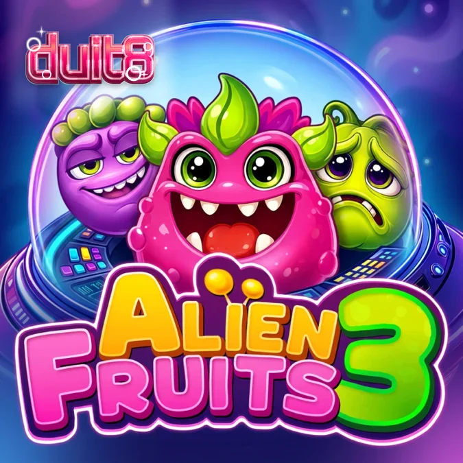 Tampilan antarmuka permainan slot Alien Fruits 3 dengan simbol buah luar angkasa